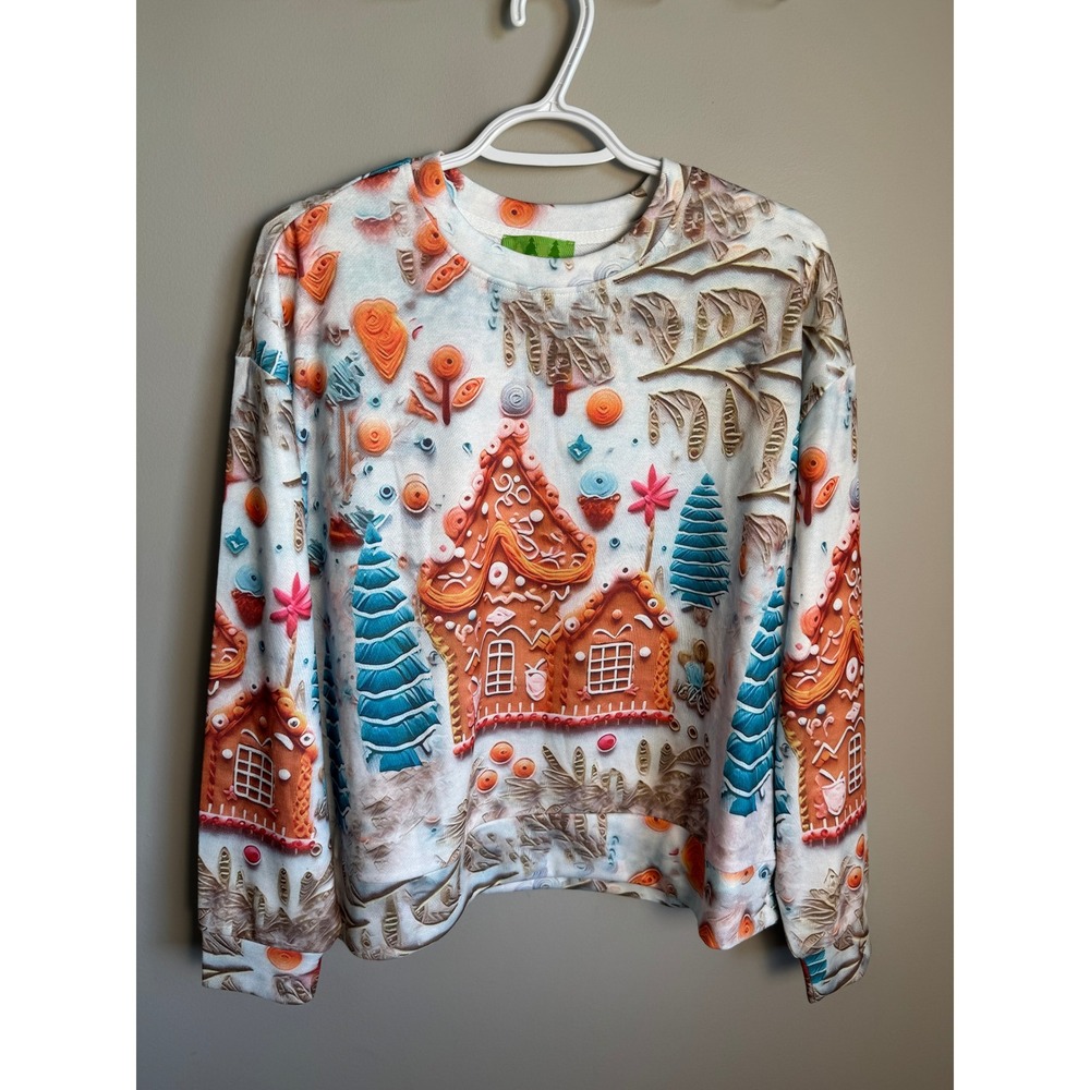 Womens Christmas Multicolor Gingerbread House Sweatshirt L Holiday Festive Cozy